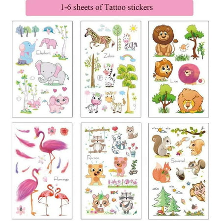 Zoo Animals Temporary Tattoos,20 Sheets Lions Zebra Sloth Giraffe Flamingos Elephant Elk Jungle Cartoon Sticker for Children Kids Girls Boys 